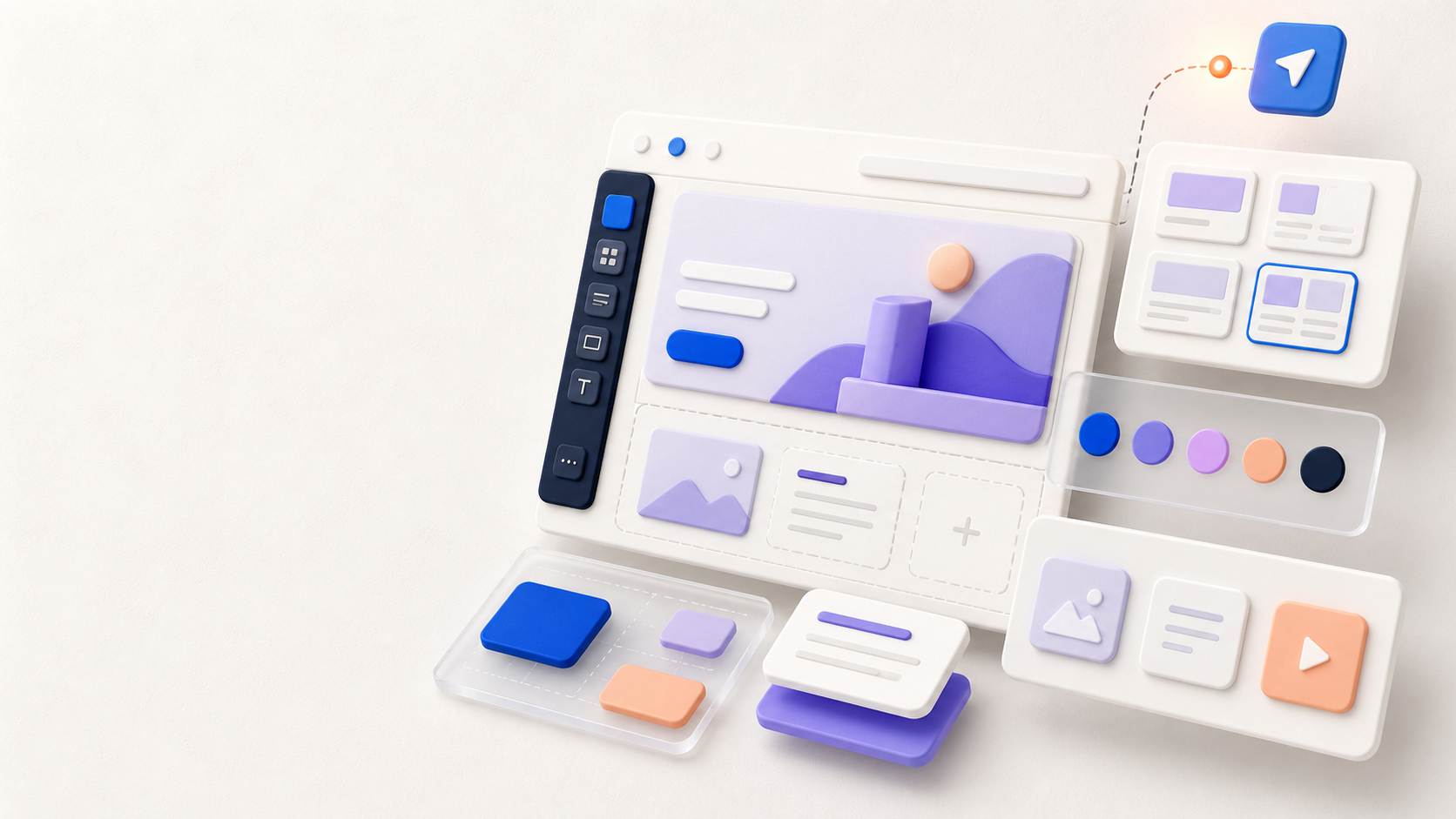 Visual editor Landerly dengan canvas halaman, komponen modular, dan pilihan warna